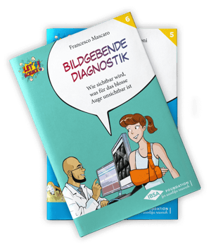 Cover des Buches „Bildgebende Diagnostik“ aus der Reihe Let’s Science!, mit einer gezeichneten Ärztin und einem Patienten vor einem Bildschirm mit medizinischen Bildern.
