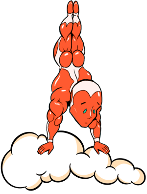 Eine muskulöse Comicfigur steht auf den Händen.