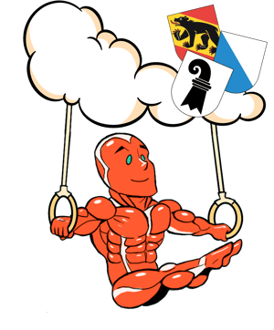 Eine muskulöse Comicfigur sitzt an den Ringen, die an einer Wolke hängen.