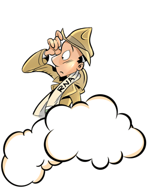 Cartoon-style detective wearing a hat and a scarf labeled