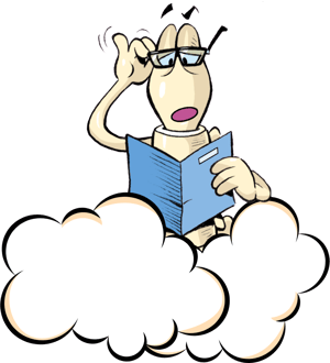 Cartoon-style character sitting on a cloud, wearing glasses and reading a blue book with a focused expression.